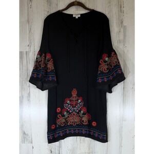 Umgee Shift Dress Size Small Floral Embroidered Bell Sleeve Black Boho Lace Up